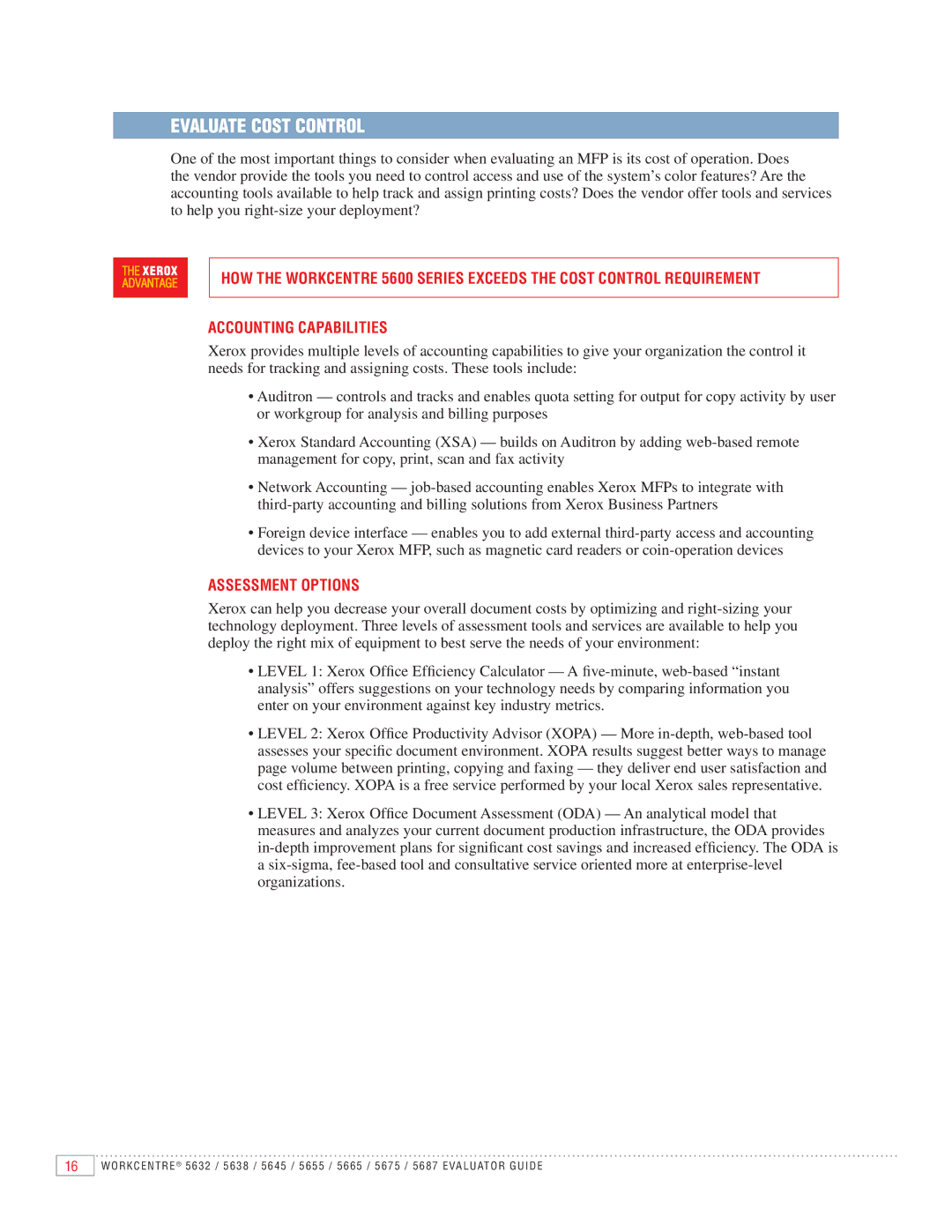 Xerox 5687, 5645, 5675, 5655, 5632, 5665, 5638 manual Evaluate Cost Control, Accounting Capabilities, Assessment Options 