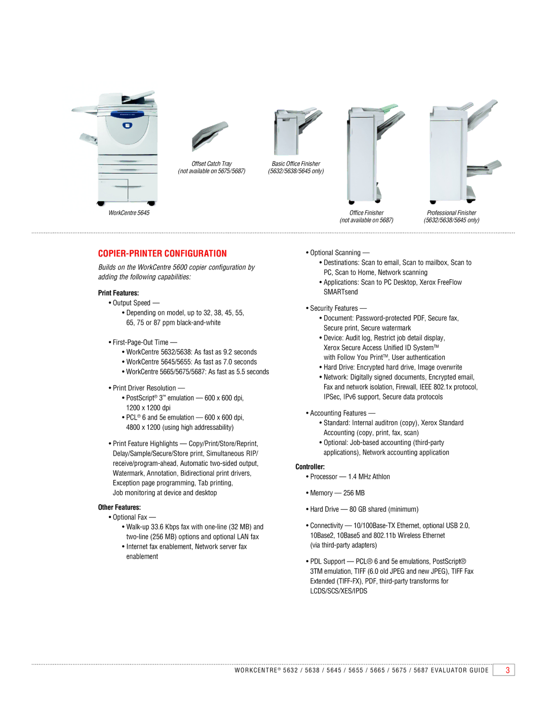 Xerox 5665, 5645, 5675, 5655, 5632, 5687, 5638 manual Copier-Printer Configuration, Print Features, Controller 