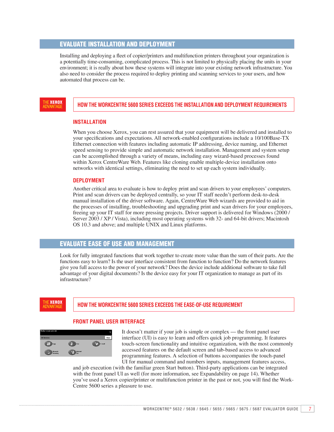 Xerox 5655, 5645 Evaluate Installation and Deployment, Evaluate Ease of USE and Management, Front Panel User Interface 