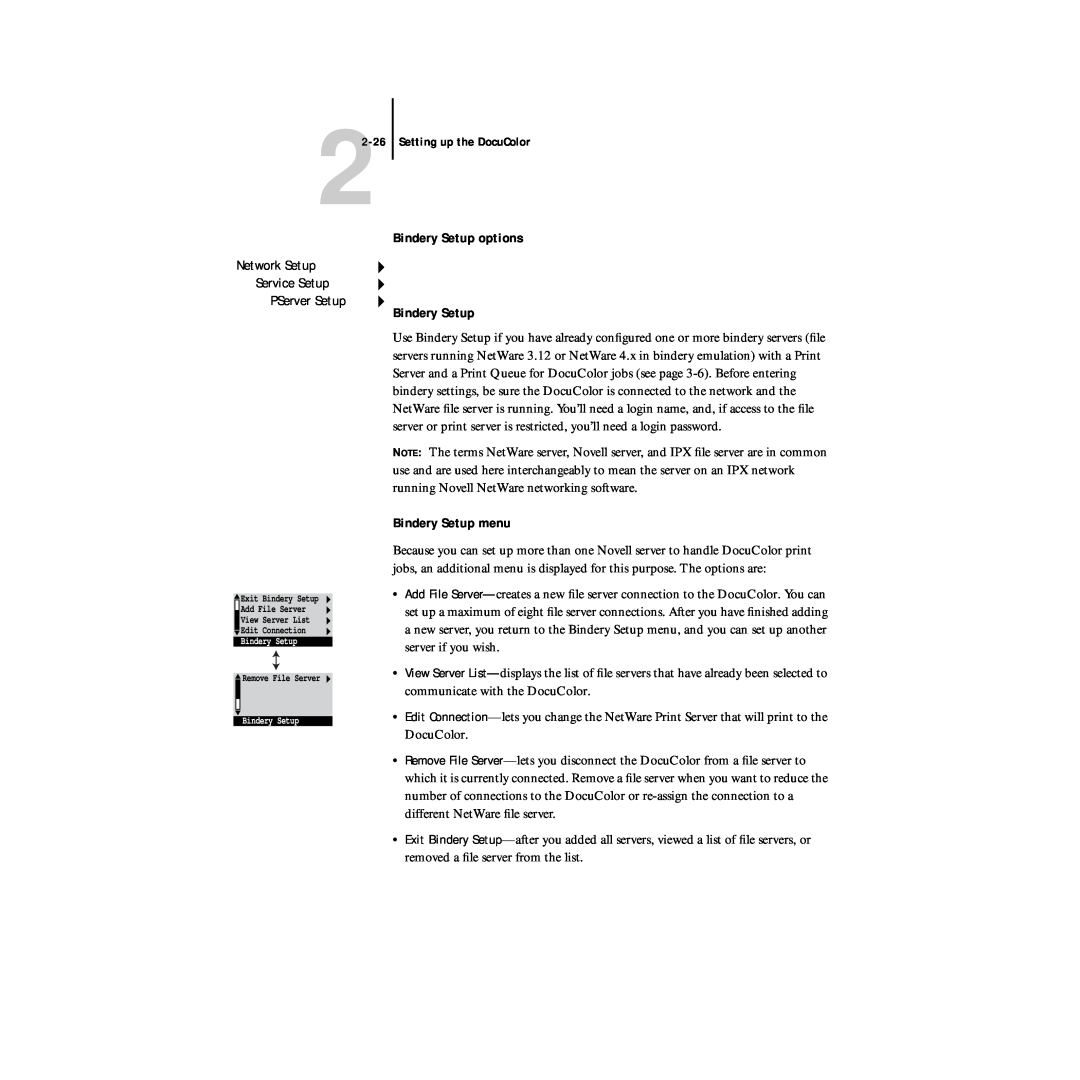 Xerox 5750 manual Bindery Setup options, Bindery Setup menu, 22-26Setting up the DocuColor 