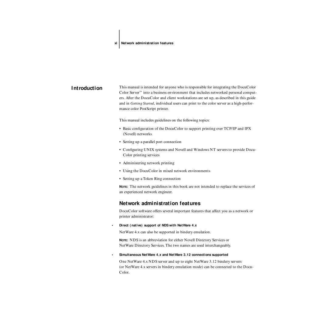 Xerox 5750 manual Introduction, Xi Network administration features, Direct native support of NDS with NetWare 