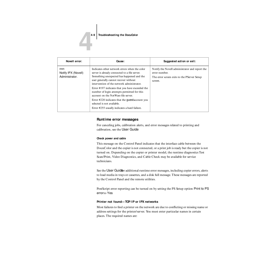 Xerox 5750 manual Runtime error messages, Printer not found-TCP/IP or IPX networks, Check power and cable 