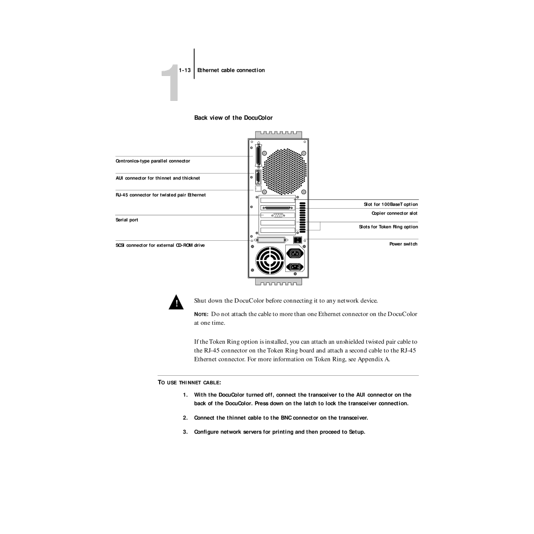 Xerox 5750 manual Back view of the DocuColor, To USE Thinnet Cable 