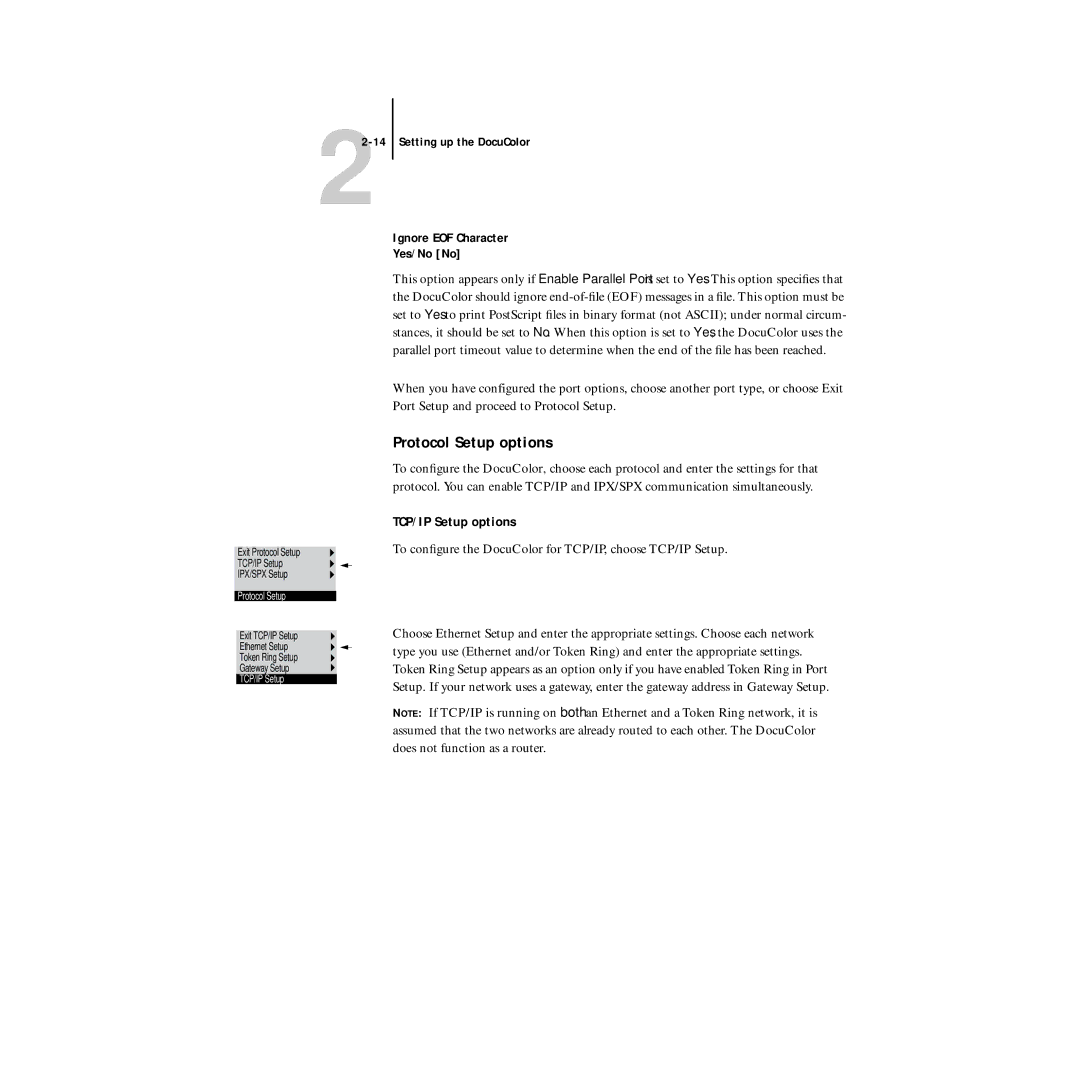 Xerox 5750 manual Protocol Setup options, Ignore EOF Character Yes/No No, TCP/IP Setup options 