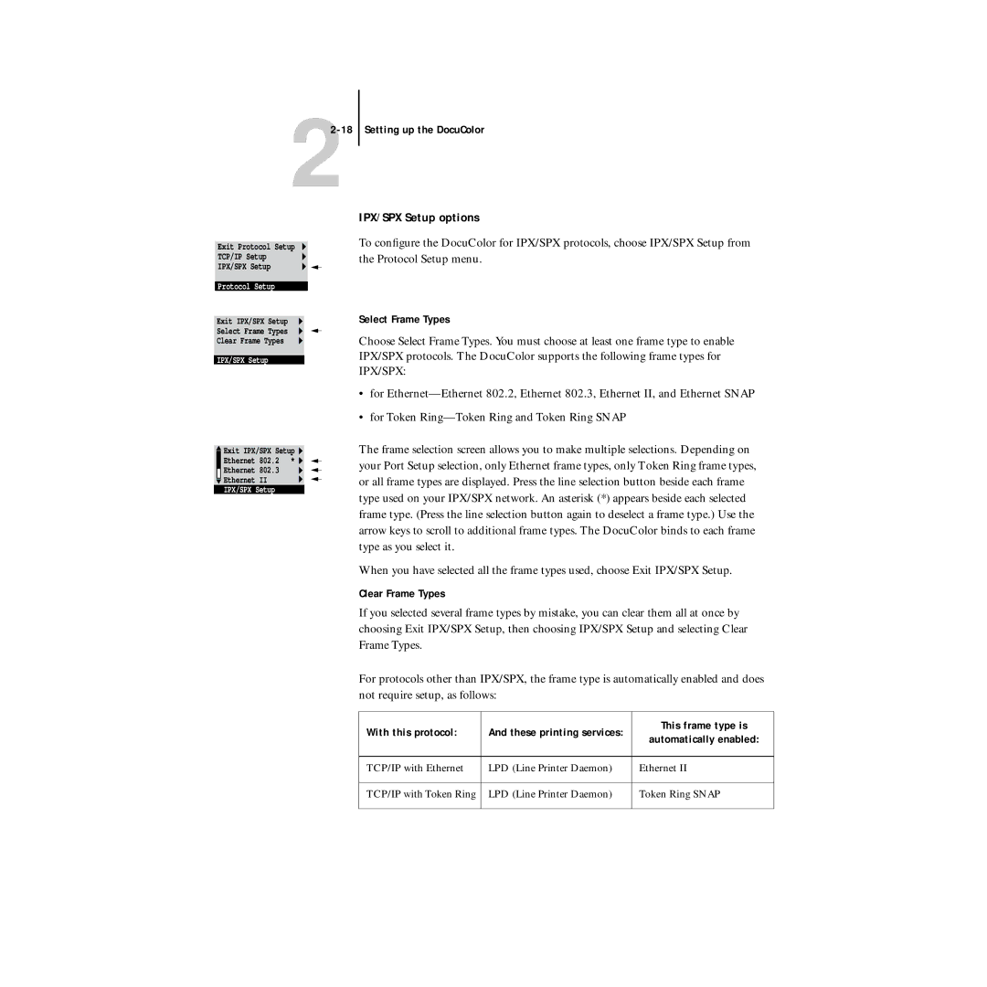 Xerox 5750 manual IPX/SPX Setup options, Select Frame Types, Clear Frame Types, With this protocol, This frame type is 