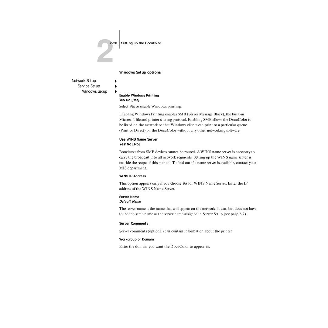 Xerox 5750 manual Windows Setup options, Use Wins Name Server Yes/No No, Server Comments 