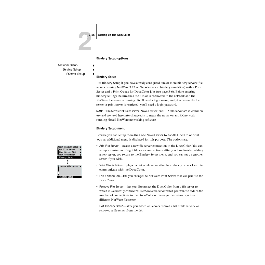 Xerox 5750 manual Bindery Setup options, Bindery Setup menu 