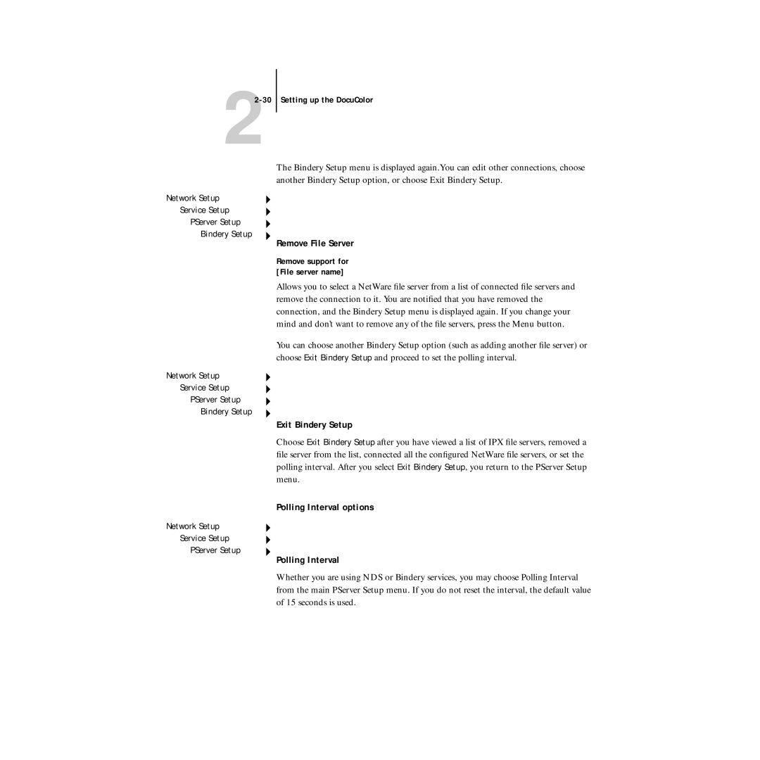 Xerox 5750 manual Remove File Server, Exit Bindery Setup, Polling Interval options 