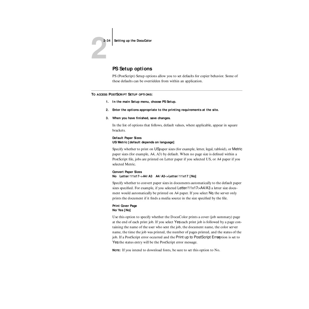 Xerox 5750 manual PS Setup options, Default Paper Sizes US/Metric default depends on language 