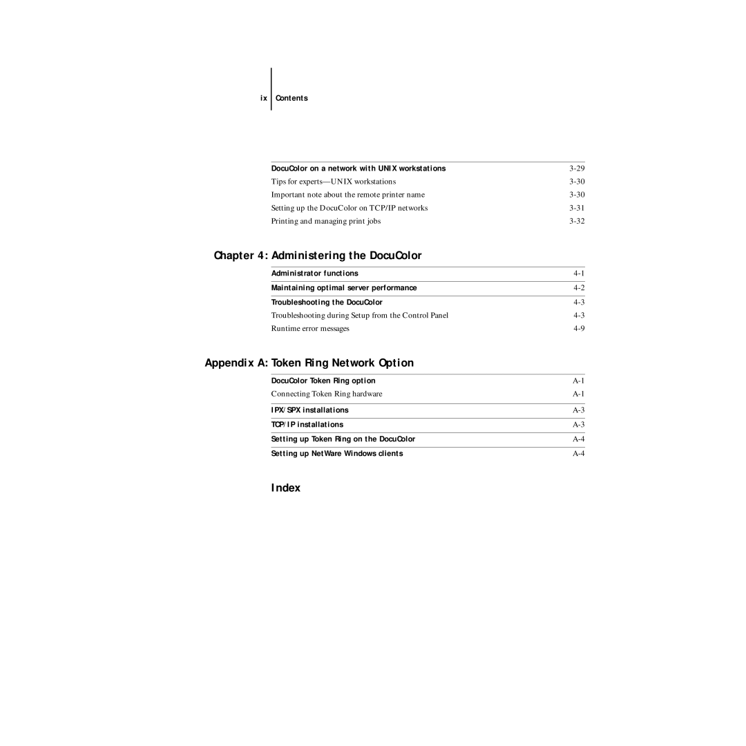 Xerox 5750 manual Ix Contents DocuColor on a network with Unix workstations, DocuColor Token Ring option 