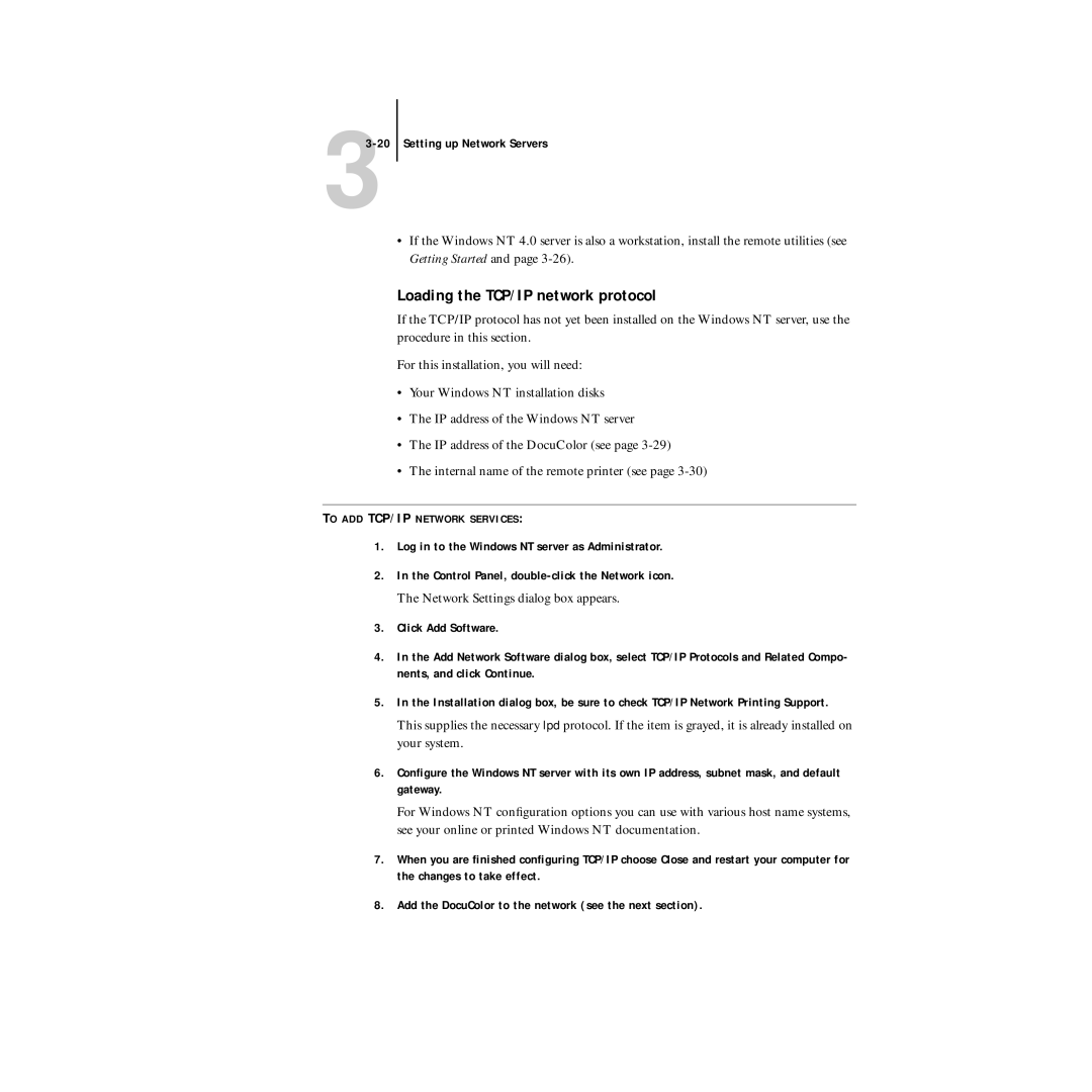 Xerox 5750 manual Loading the TCP/IP network protocol, Network Settings dialog box appears 