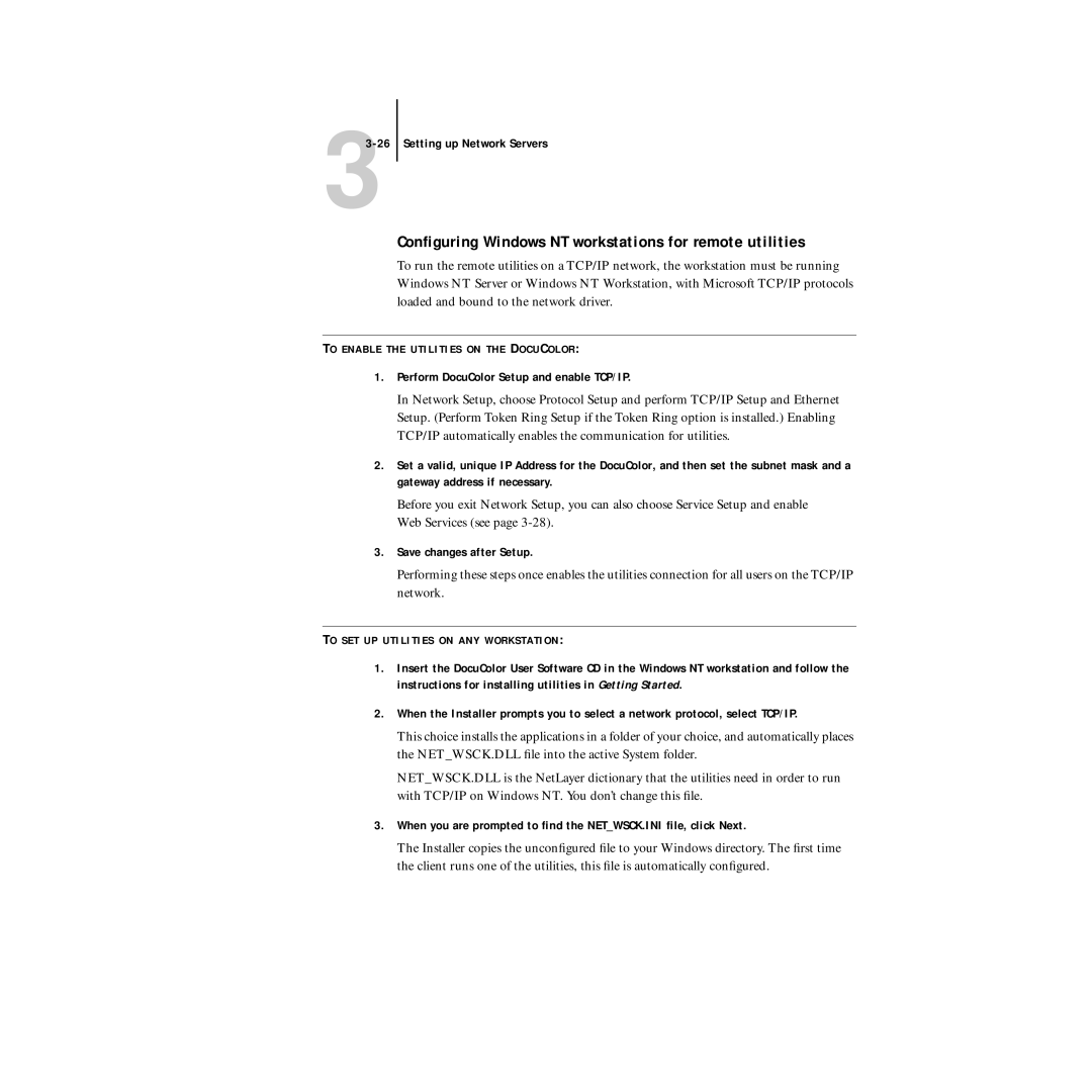 Xerox 5750 manual Conﬁguring Windows NT workstations for remote utilities, Perform DocuColor Setup and enable TCP/IP 