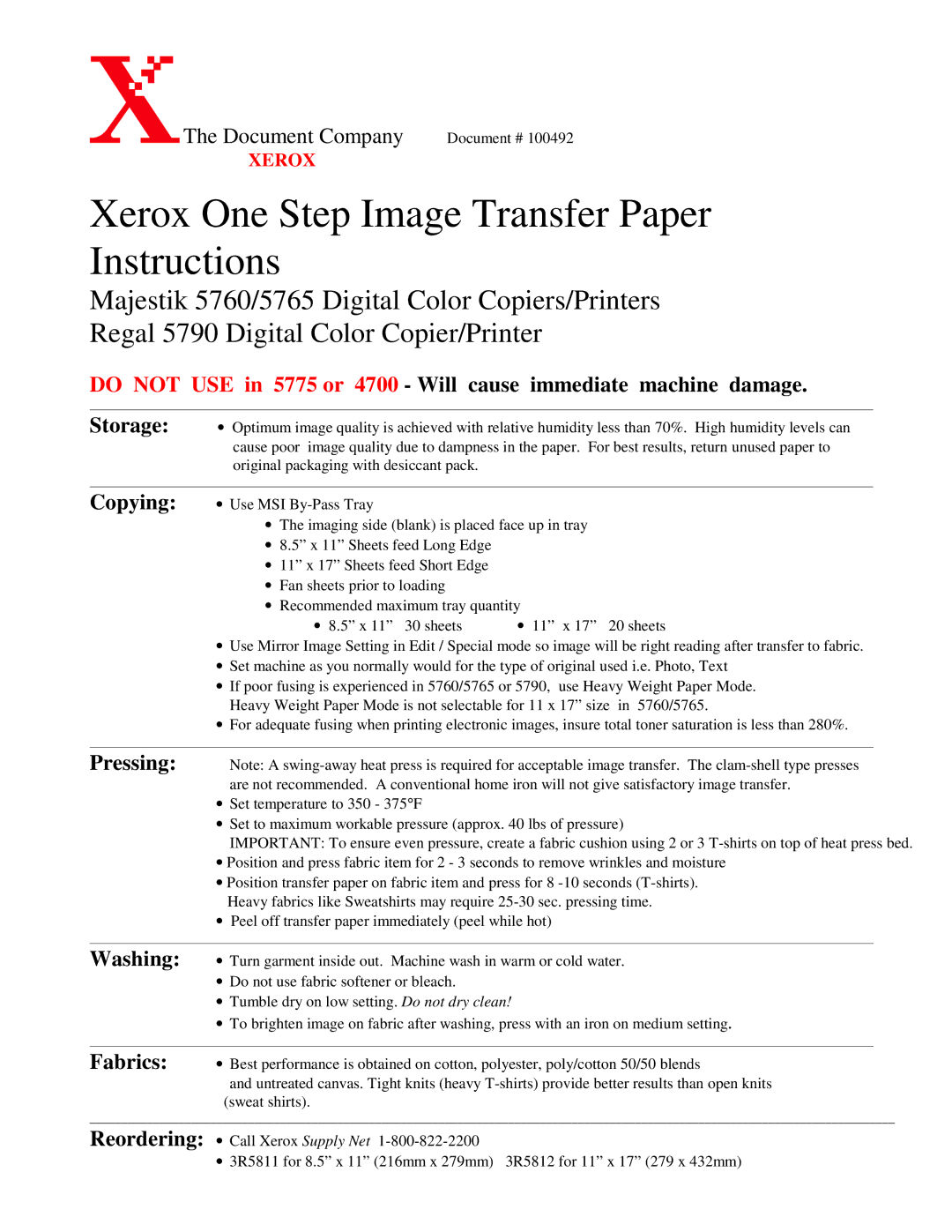 Xerox 5765, 5790, 5760 manual Xerox One Step Image Transfer Paper Instructions 