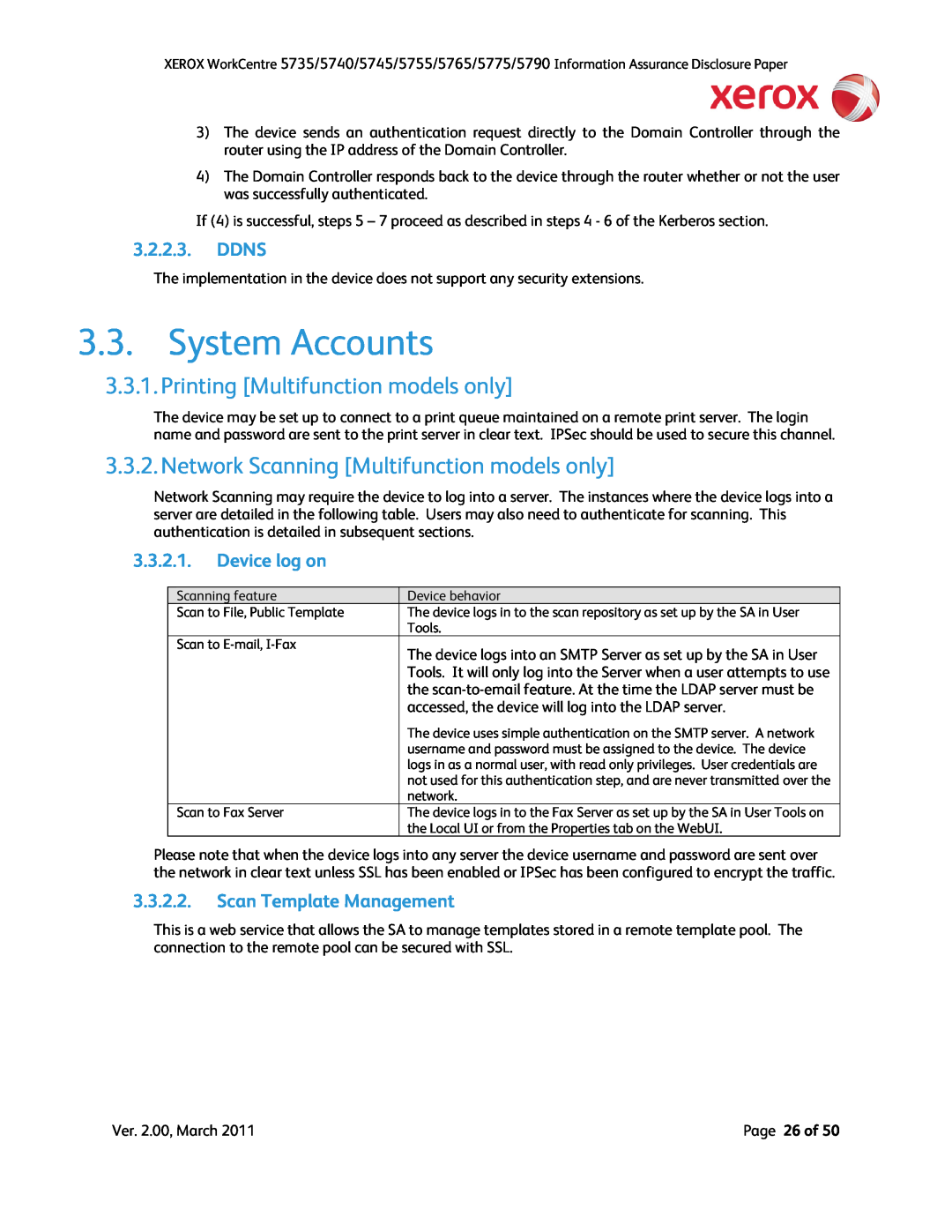 Xerox 5745 System Accounts, Printing Multifunction models only, Network Scanning Multifunction models only, Ddns, 3.3.2.1 