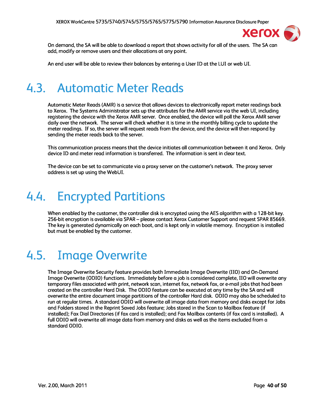 Xerox 5735, 5790, 5775, 5745, 5740, 5755 manual Automatic Meter Reads, Encrypted Partitions, Image Overwrite, Page 40 of 