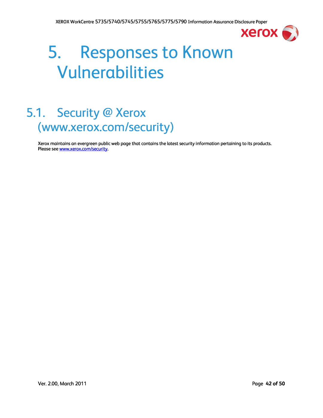 Xerox 5790, 5775, 5745, 5740, 5735, 5755 manual Responses to Known Vulnerabilities 
