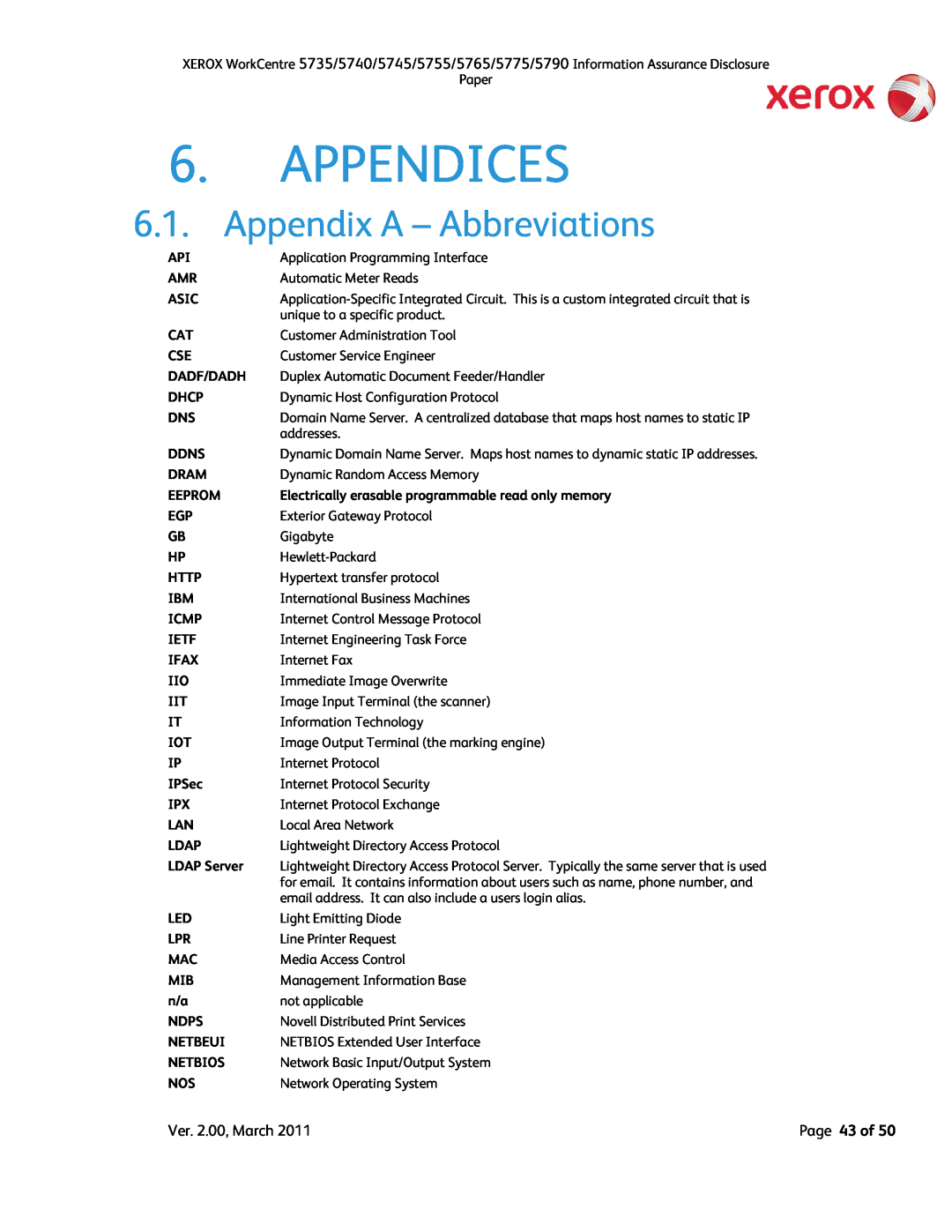 Xerox 5775 Appendices, Appendix A – Abbreviations, Application Programming Interface, Automatic Meter Reads, Asic, Dhcp 
