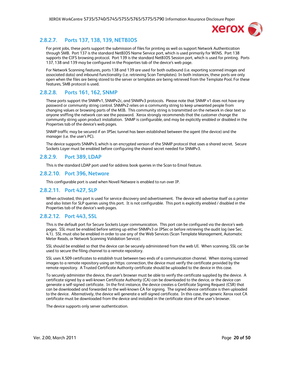 Xerox 5745, 5790, 5775 Ports 137, 138, 139, Netbios, Ports 161, 162, Snmp, Port 389, Ldap, Port 396, Netware, Port 427, SLP 