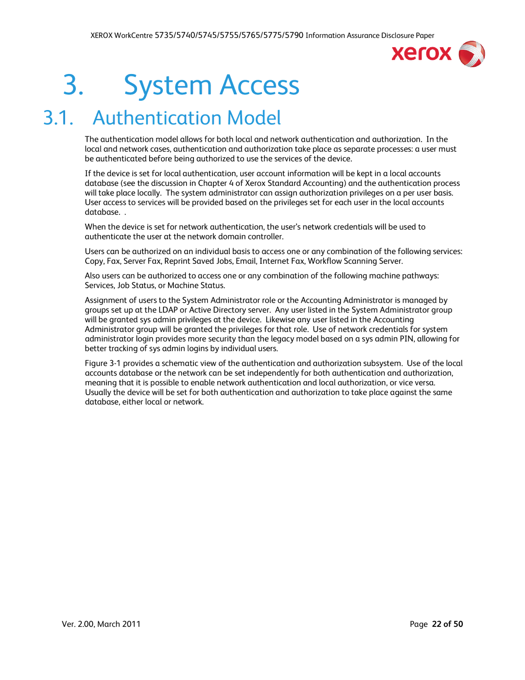 Xerox 5735, 5790, 5775, 5745, 5740, 5755 manual System Access, Authentication Model 