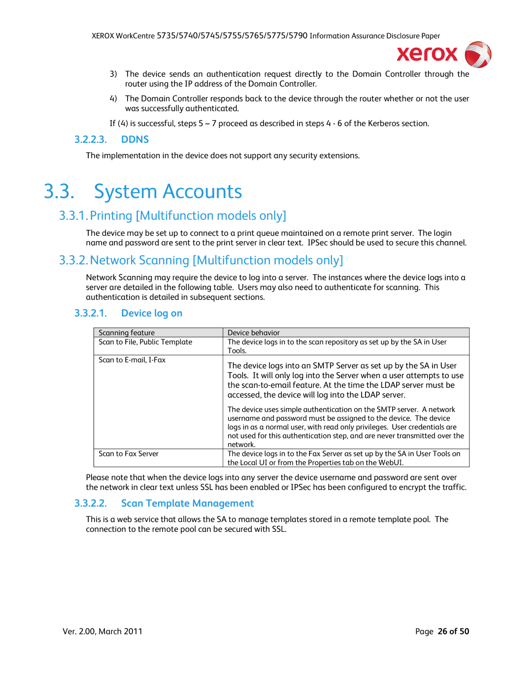 Xerox 5745, 5790, 5775, 5740 System Accounts, Printing Multifunction models only, Network Scanning Multifunction models only 