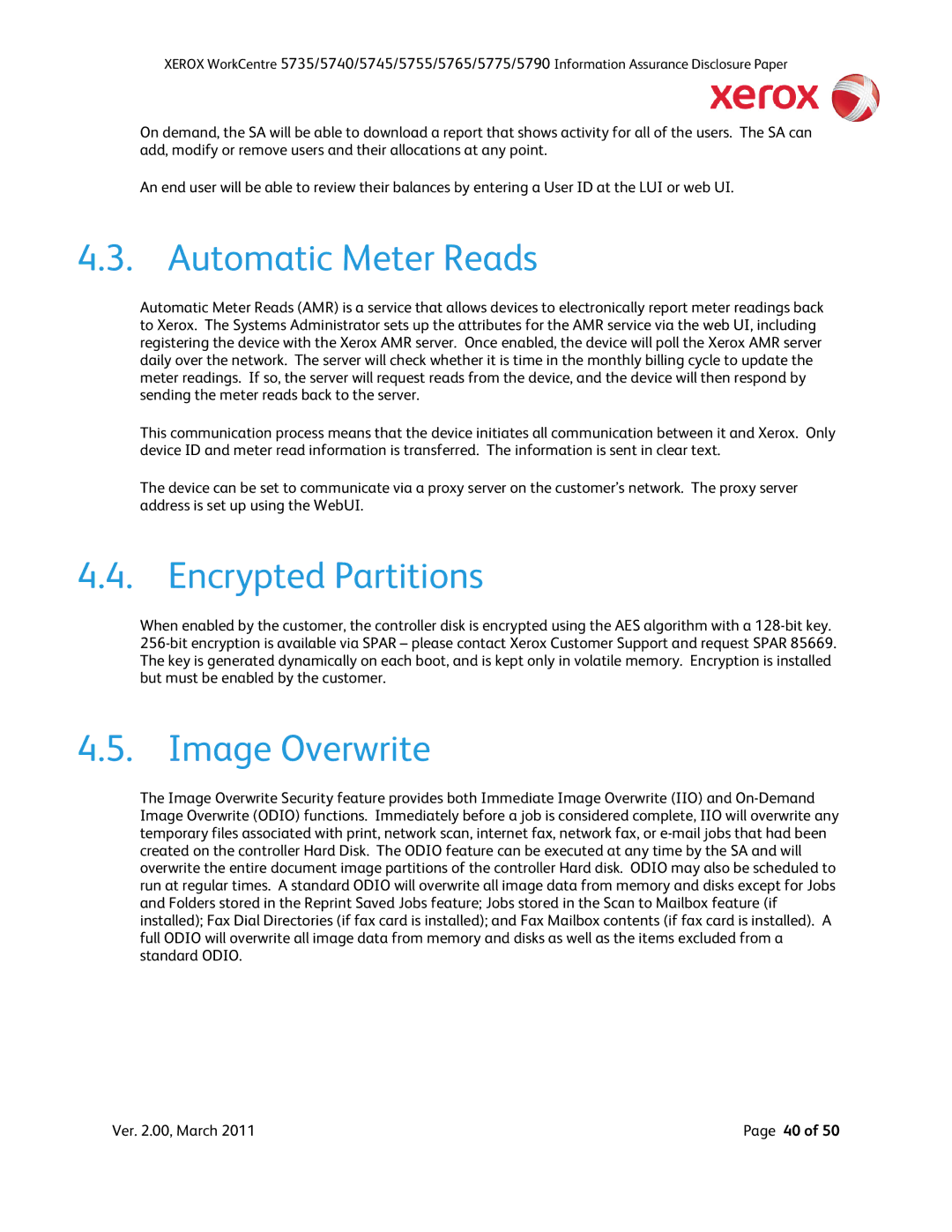 Xerox 5735, 5790, 5775, 5745, 5740, 5755 manual Automatic Meter Reads, Encrypted Partitions, Image Overwrite 