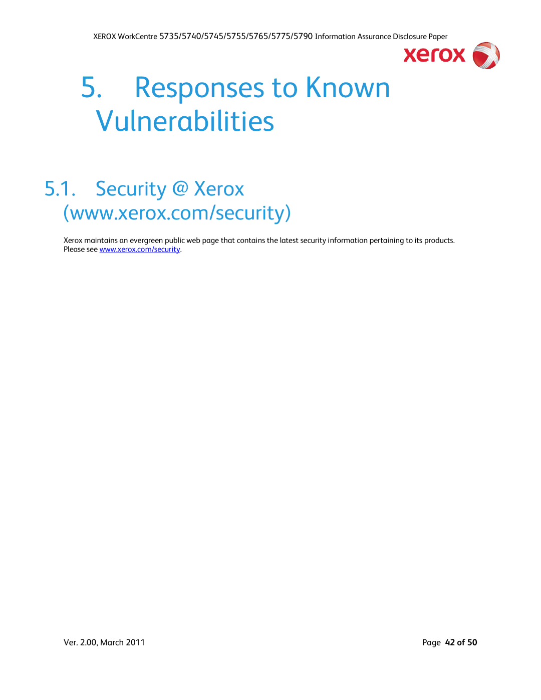 Xerox 5790, 5775, 5745, 5740, 5735, 5755 manual Responses to Known Vulnerabilities 