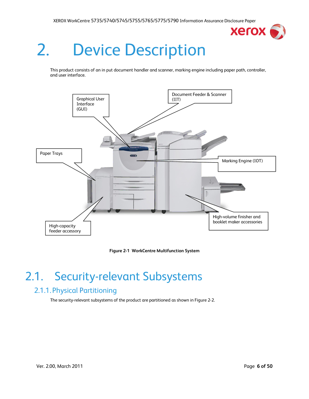 Xerox 5790, 5775, 5745, 5740, 5735, 5755 manual Security-relevant Subsystems, Physical Partitioning 