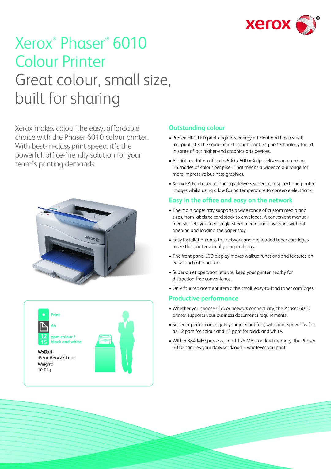 Xerox 6010 manual Outstanding colour, Easy in the office and easy on the network, Productive performance 