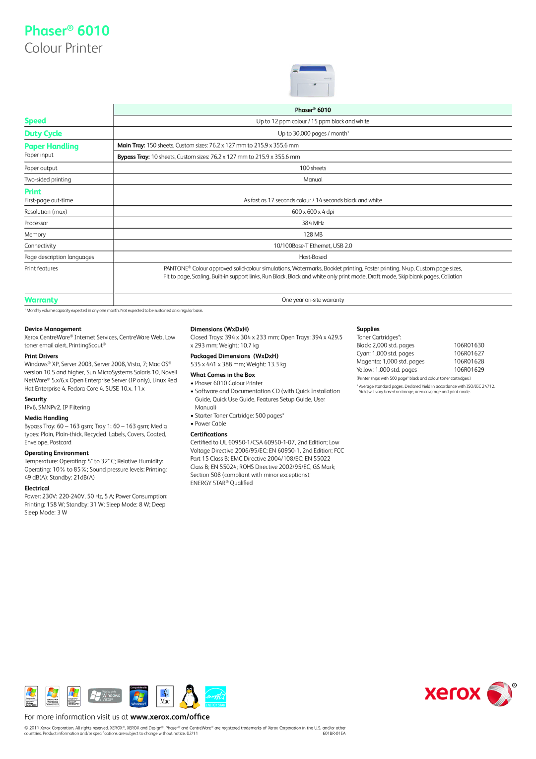 Xerox 6010 manual Speed, Duty Cycle, Paper Handling, Print, Warranty 