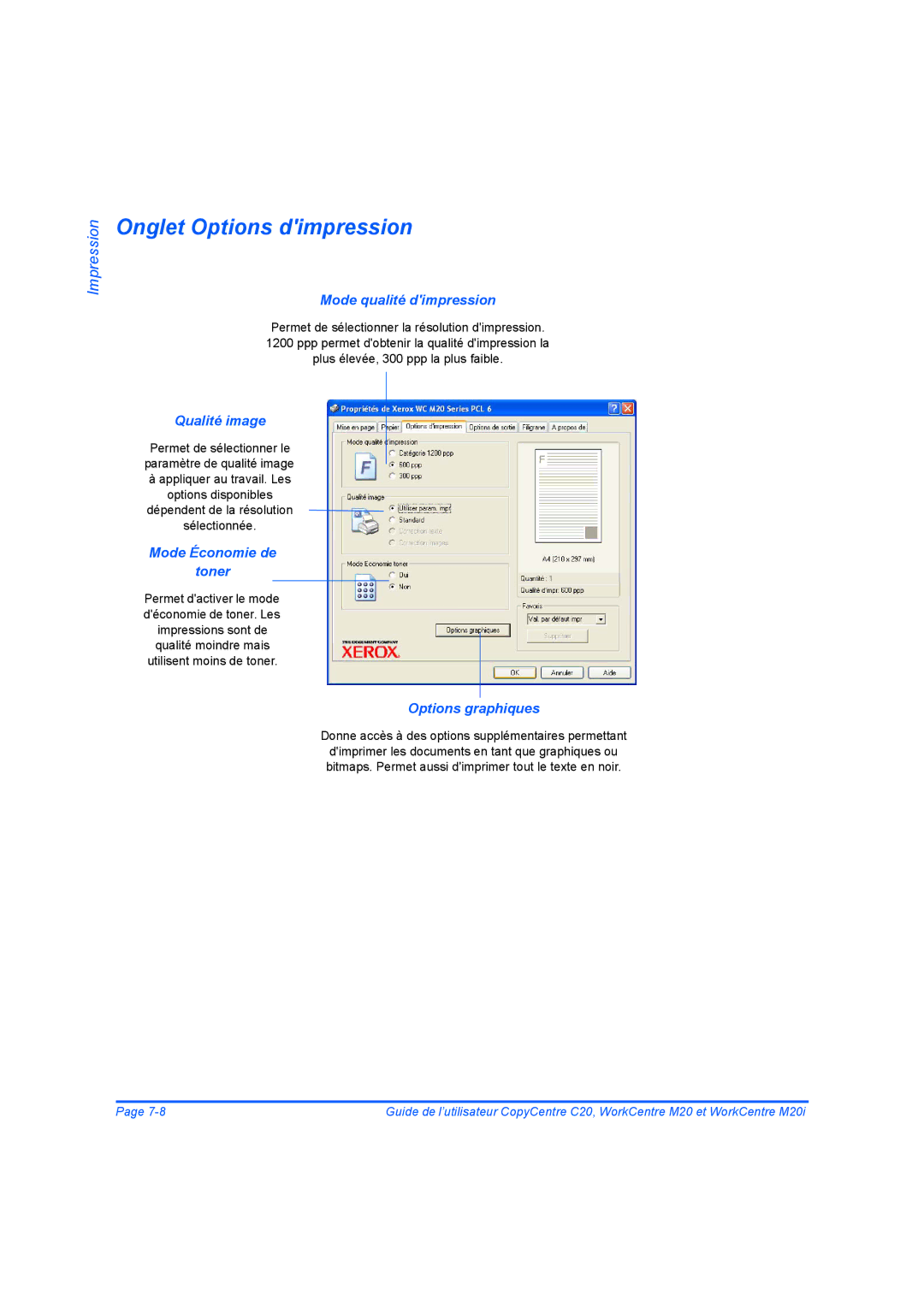 Xerox 604E07780 manual Onglet Options dimpression, Mode qualité dimpression, Qualité image, Mode Économie de Toner 