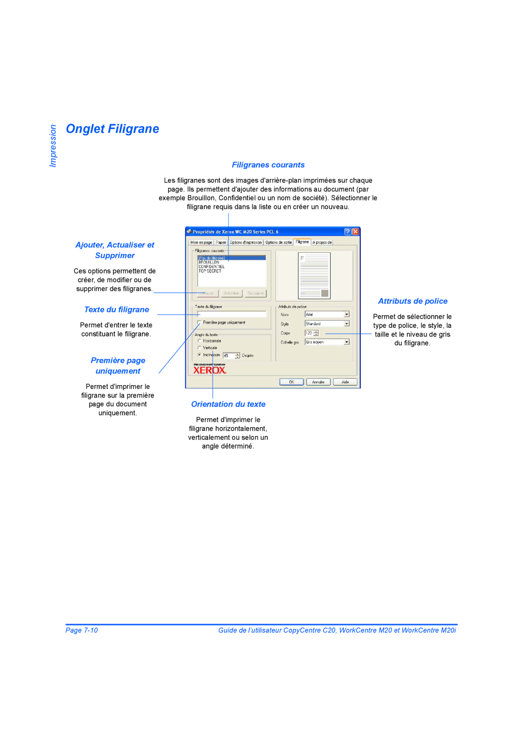 Xerox 604E07780 manual Onglet Filigrane 