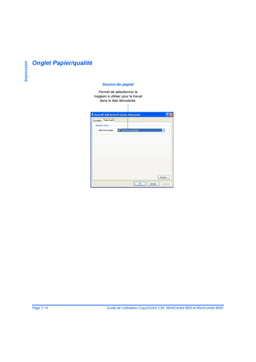 Xerox 604E07780 manual Onglet Papier/qualité, Source du papier 