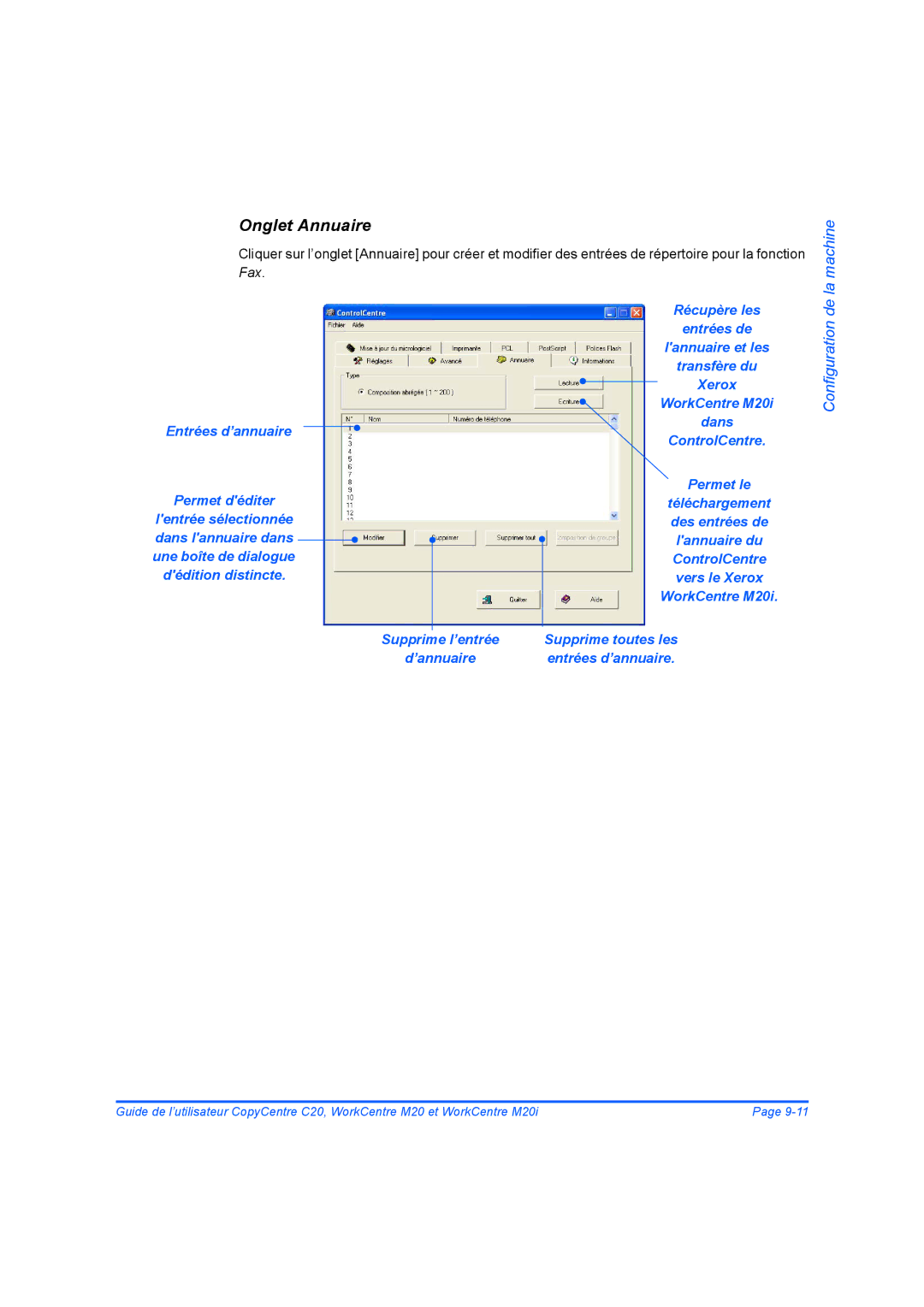 Xerox 604E07780 manual Onglet Annuaire, Supprime toutes les entrées d’annuaire 