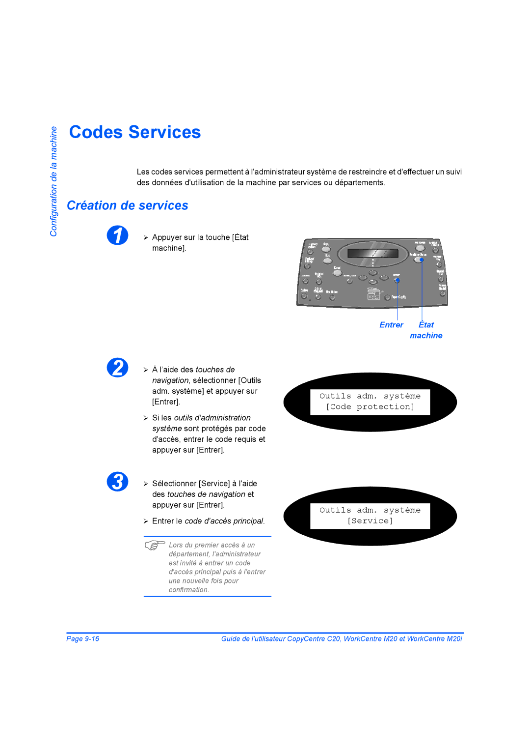 Xerox 604E07780 manual Codes Services, Création de services, Outils adm. système Code protection Service 