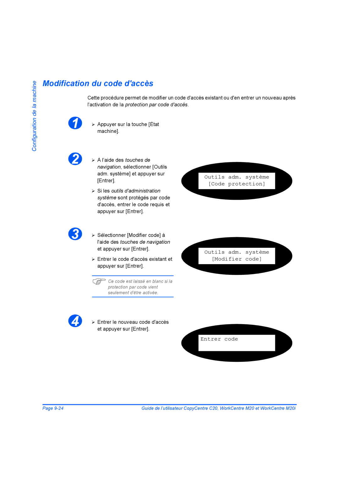 Xerox 604E07780 manual Modification du code daccès, Outils adm. système Modifier code, Entrer code 