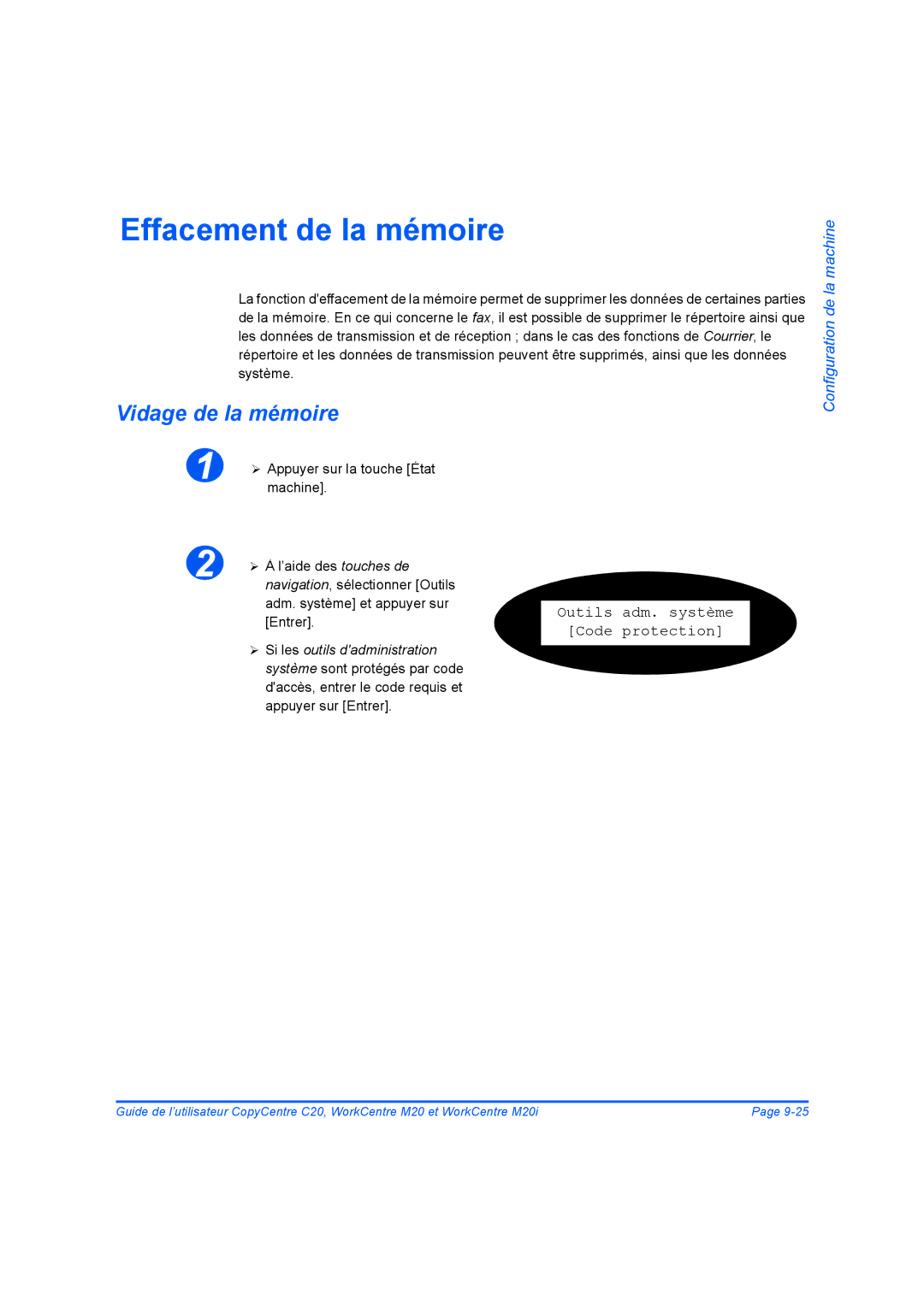 Xerox 604E07780 manual Effacement de la mémoire, Vidage de la mémoire, Outils adm. système Code protection 