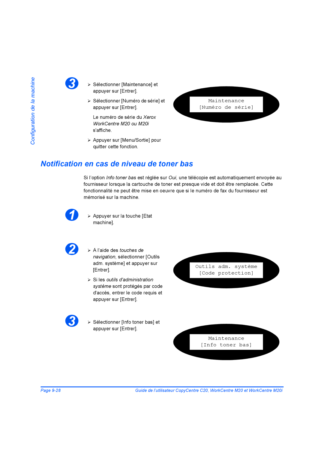 Xerox 604E07780 manual Notification en cas de niveau de toner bas, Maintenance Numéro de série, Maintenance Info toner bas 