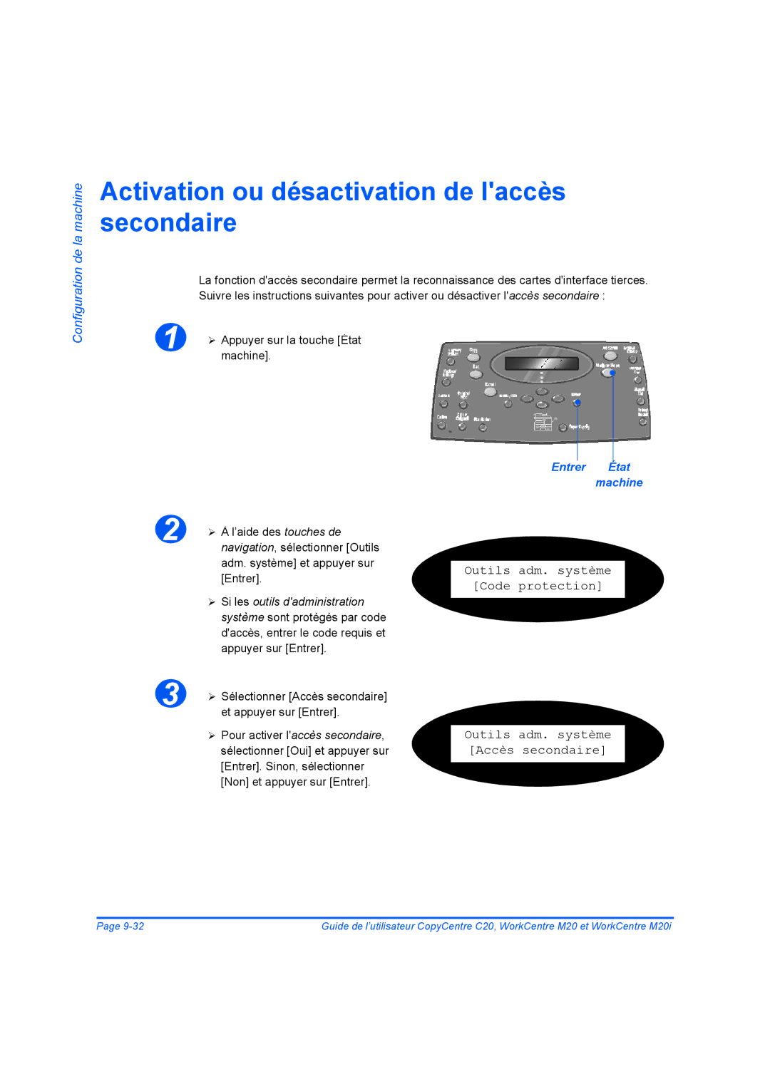 Xerox 604E07780 manual Activation ou désactivation de laccès secondaire, Entrer État machine 