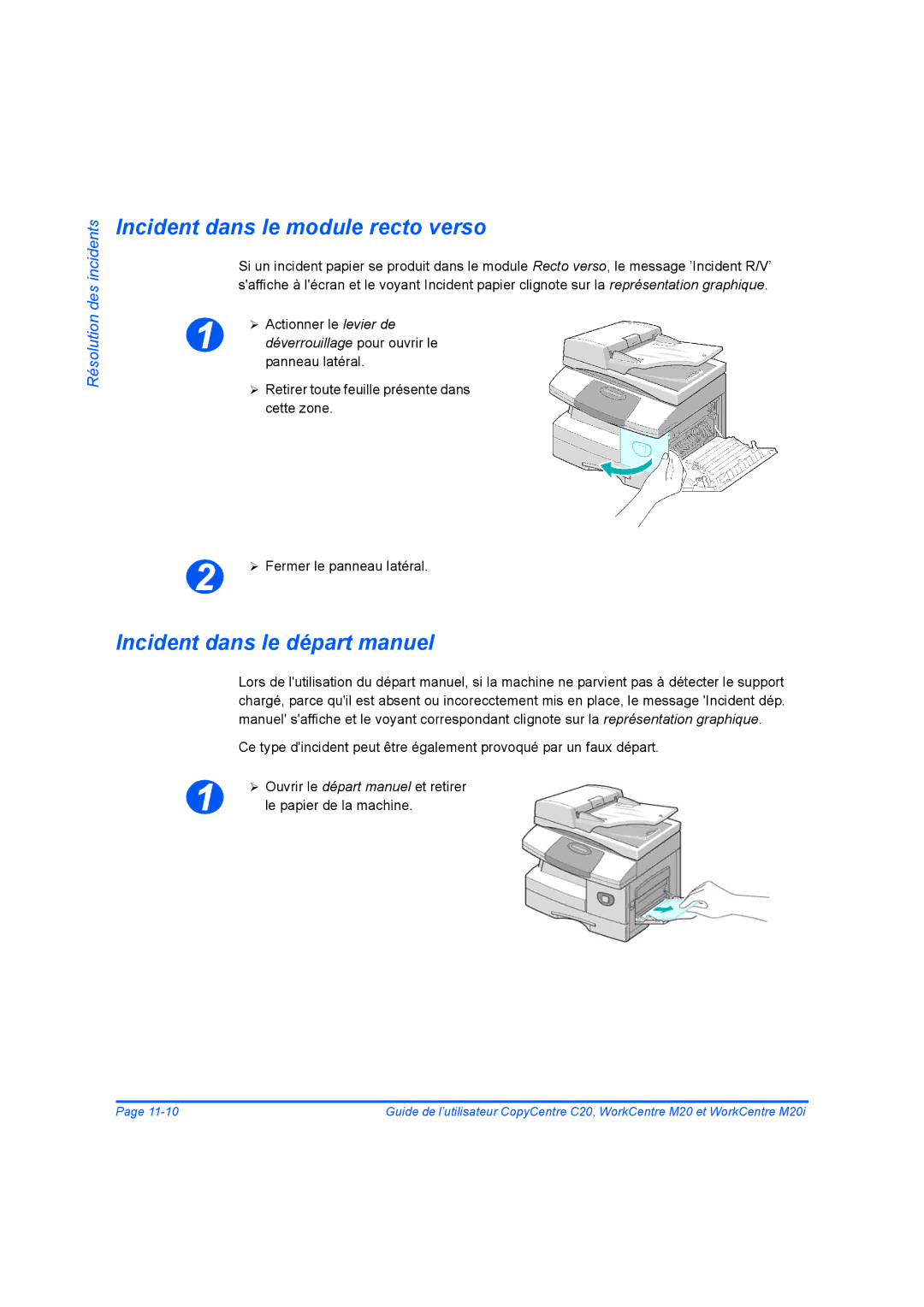 Xerox 604E07780 manual Incident dans le module recto verso, Incident dans le départ manuel 