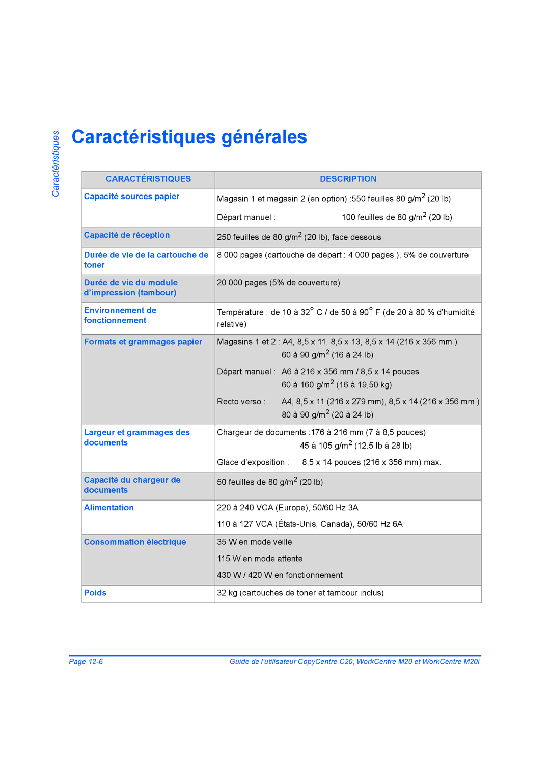 Xerox 604E07780 manual Caractéristiques générales 