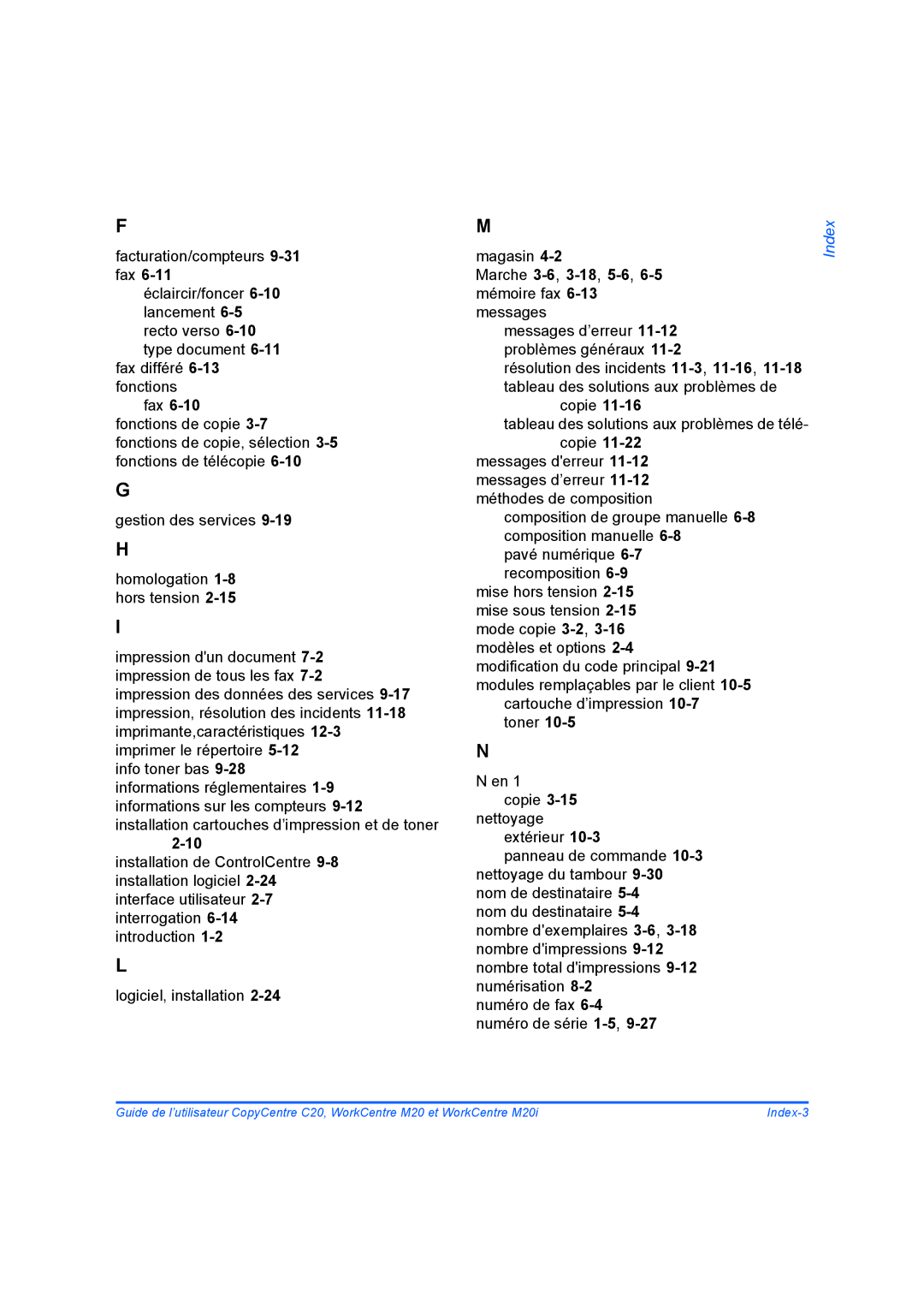 Xerox 604E07780 manual Marche 3-6,3-18,5-6,6-5 mémoire fax 6-13 messages 