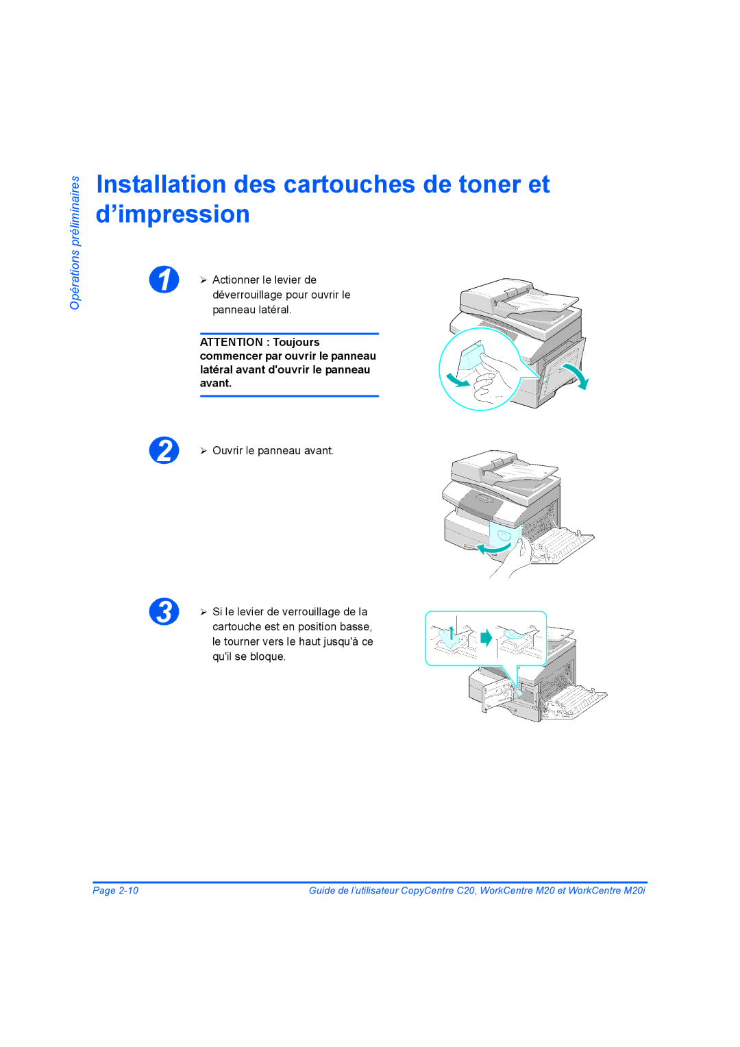 Xerox 604E07780 Installation des cartouches de toner et d’impression, Le tourner vers le haut jusquà ce quil se bloque 