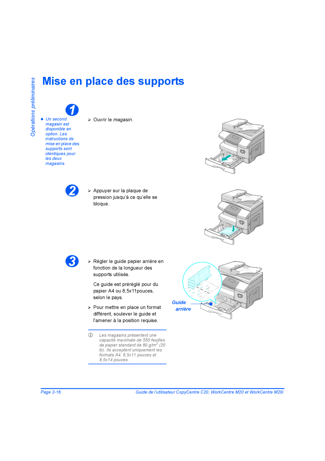 Xerox 604E07780 manual Mise en place des supports, Guide arrière 