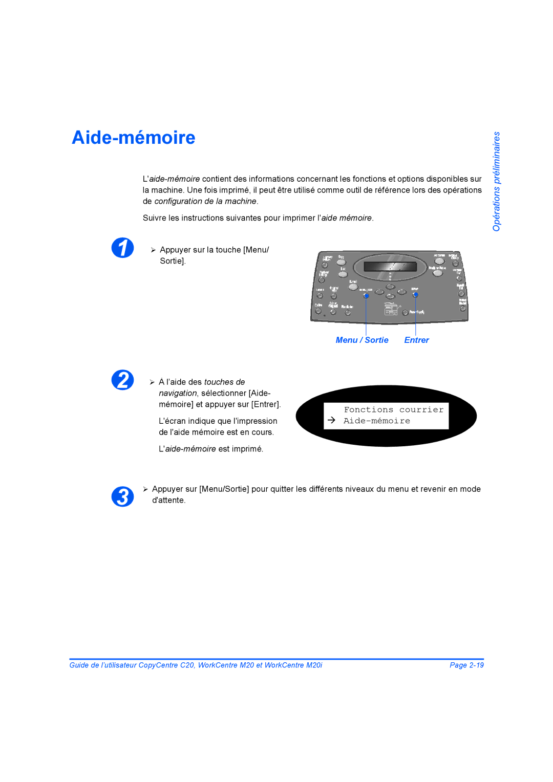 Xerox 604E07780 manual Fonctions courrier Aide-mémoire, Menu / Sortie Entrer 