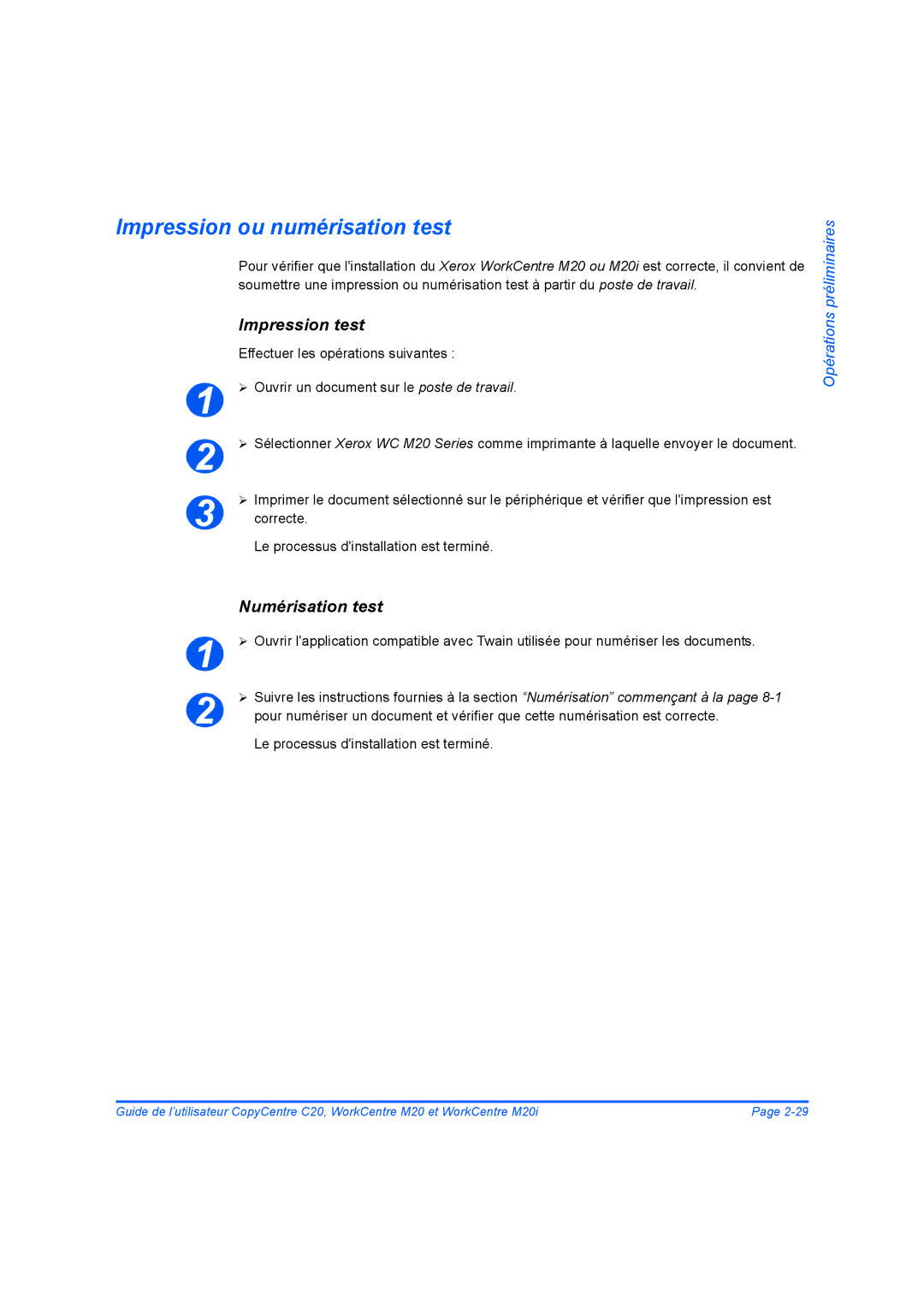 Xerox 604E07780 manual Impression ou numérisation test, Impression test, Numérisation test 
