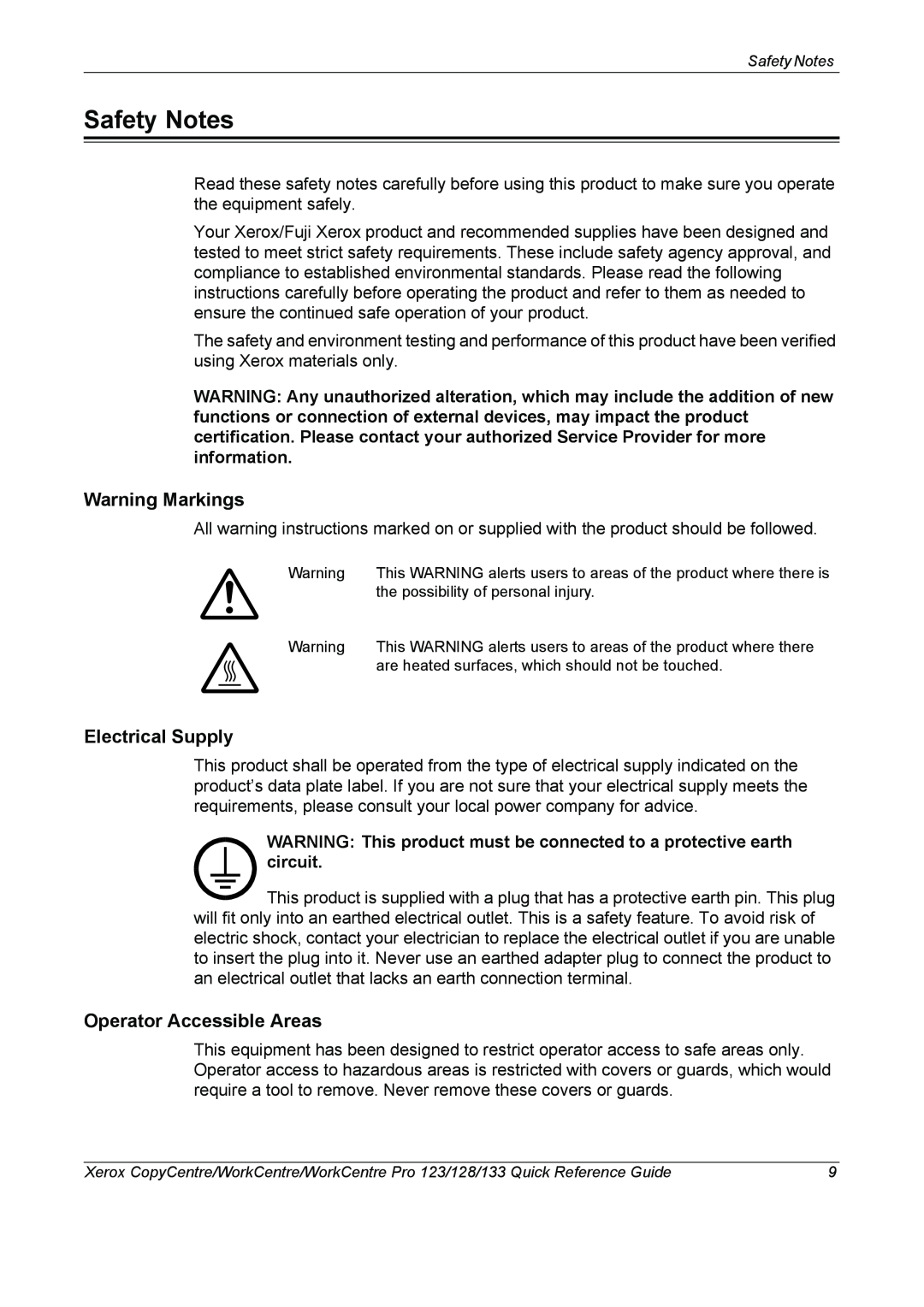 Xerox 604P18037 manual Safety Notes, Warning Markings, Electrical Supply, Operator Accessible Areas 