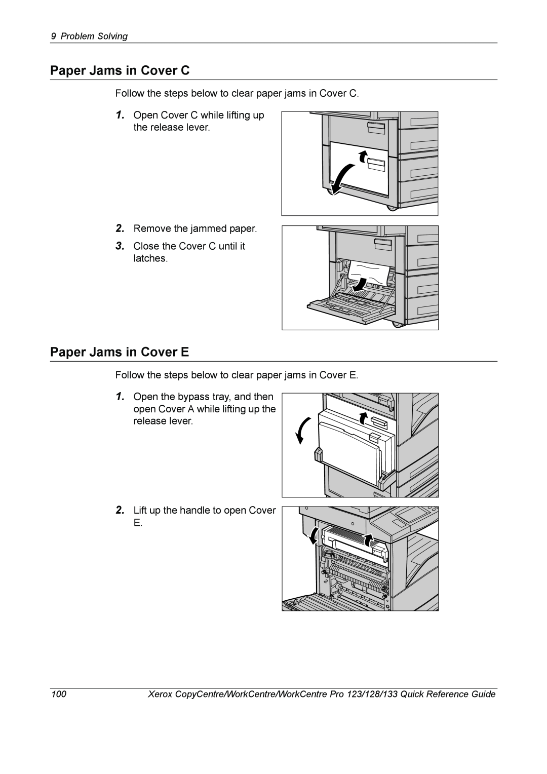 Xerox 604P18037 manual Paper Jams in Cover C, Paper Jams in Cover E 
