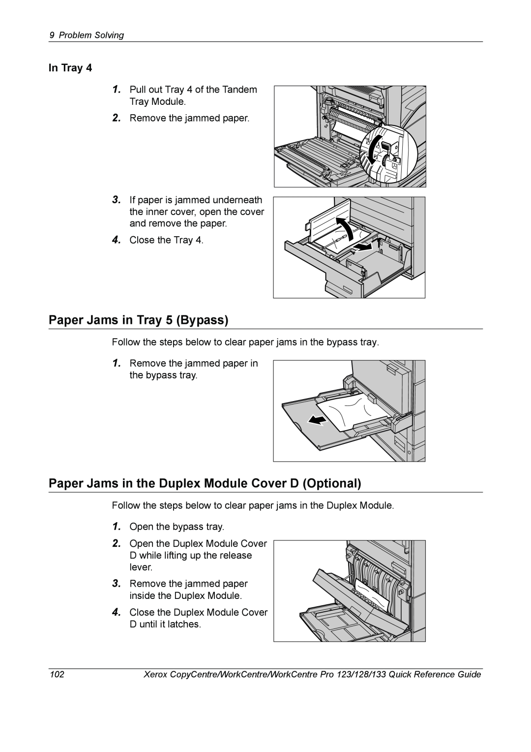 Xerox 604P18037 manual Paper Jams in Tray 5 Bypass, Paper Jams in the Duplex Module Cover D Optional, In Tray 