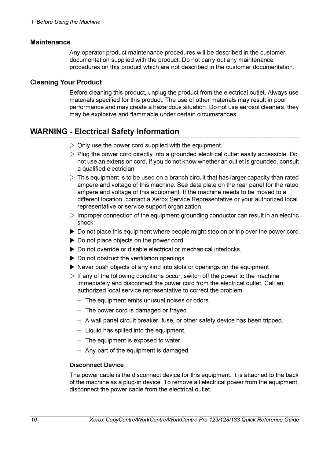 Xerox 604P18037 manual WARNING - Electrical Safety Information, Maintenance, Cleaning Your Product, Disconnect Device 