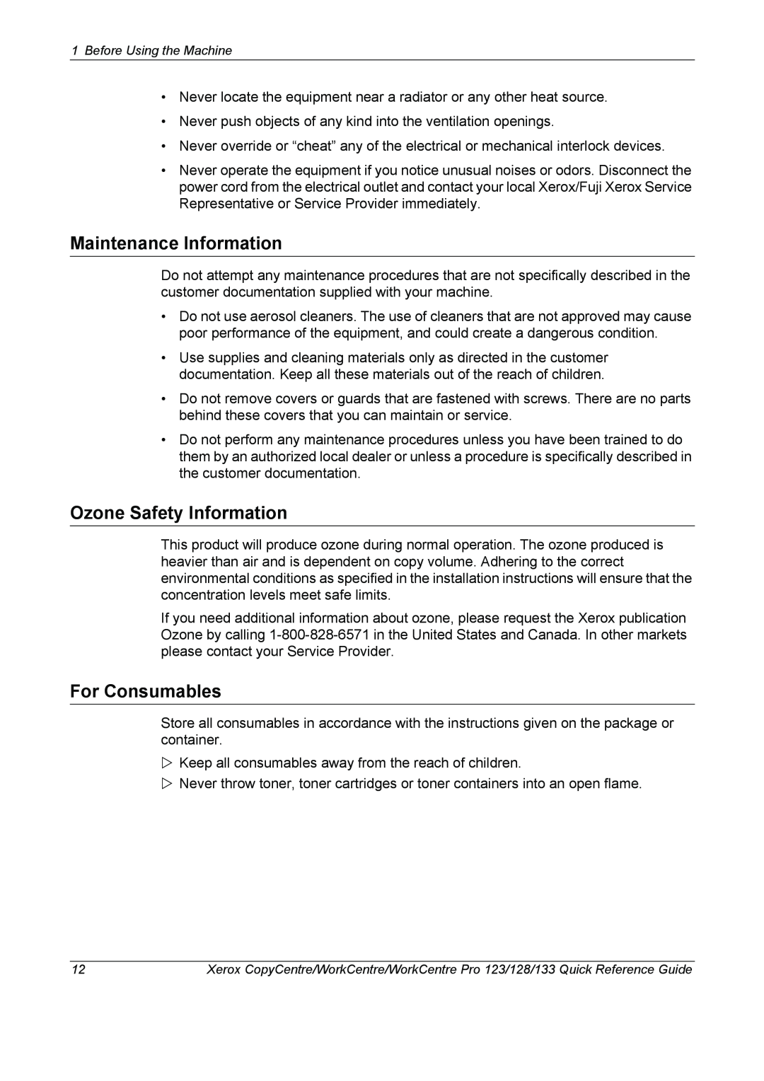 Xerox 604P18037 manual Maintenance Information, Ozone Safety Information, For Consumables 